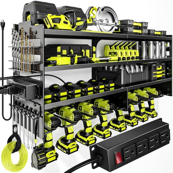 YX Large Power Tool Organizer Wall Mount with Charging Station,4 Layer Heavy Duty Metal Tool Storage Rack Loads 600lbs with 8 Cordless Drill Holder,Battery Utility Rack Loads with 4 Power Strip
