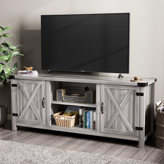 YX Modern Farmhouse TV Stand with Two Barn Doors and Storage Cabinets for Televisions up to 65+ Inch, Entertainment Center Console Table, Media Furniture for Living Room, 58 Inch, Gray Wash