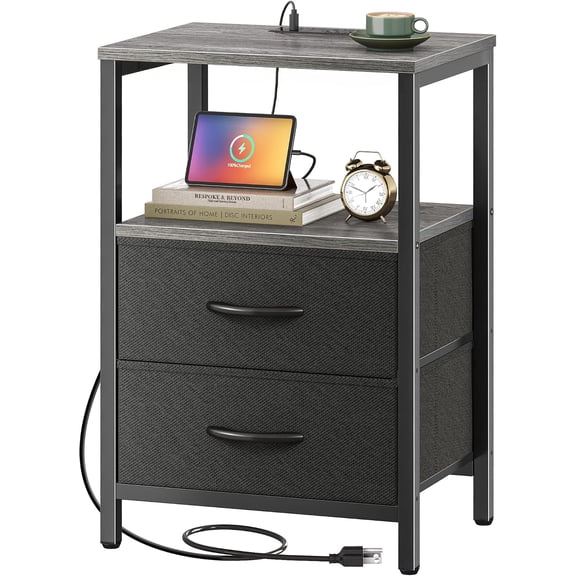 YX Nightstand with Charging Station, Side Table with 2 Fabric Drawers, End Table with Open Shelf, Bedside Table with USB-C Port and Outlets, Night Stand for Bedroom, Black