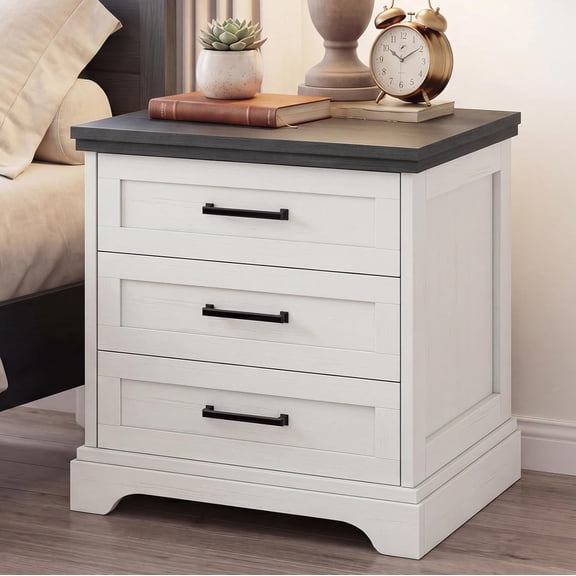 YX Nightstand with Charging Station, Wood Farmhouse Bedside Table with 3 Drawers, End Table, Modern Side Table for Small Bedroom, White