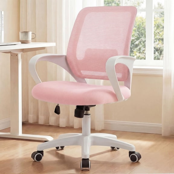YX  Office Desk Ergonomic Computer Mesh Chair with Lumbar Mid Back Support Adjustable Height Swivel Rolling Wheels Comfy Task Vanity Chair for Home Bedroom Study (Pastel Pink)