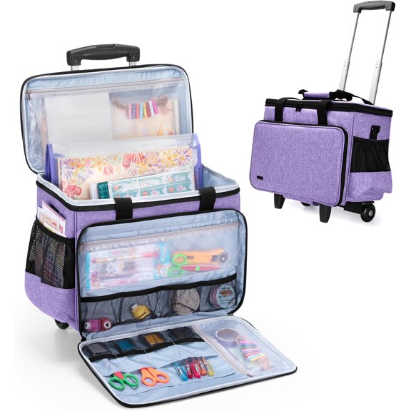 YX Rolling Craft Bag on Wheels 2.0, Women Craft Scrapbook Tote Bag with Detachable Trolley and Extra Bottom Board for Teaching Crafts Supplies and Tools, Rolling Teacher Cart for Women, Purple
