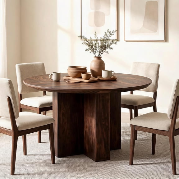YX Round Dining Table for 4 People, 47" Modern Wood Kitchen Table with Thick Stable Cross Pedestal Base & Curved Edge, Round Dinner Table for Dining Room, Kitchen (Dark Walnut)