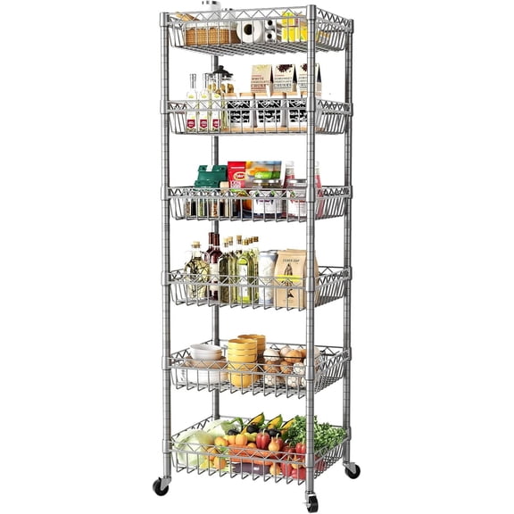 YX Shelf Storage Wire ShelvingShelves Rack Standing Units with Wheels Closet Organizers Metal Pantry Kitchen Laundry Room Adjustable 13.5" D x 13.5" W x 63" H Silver