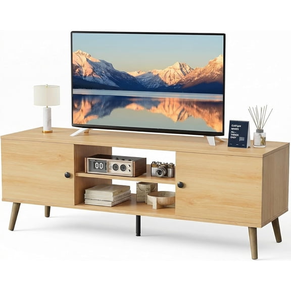 YX TV Stand for 55 60 inch TV, Modern Mid Century Entertainment Center with Storage, Media Console Table 2 Cabinet, Soft Hinge, Handle Door, Wooden Living Room, Office Furniture, Oak