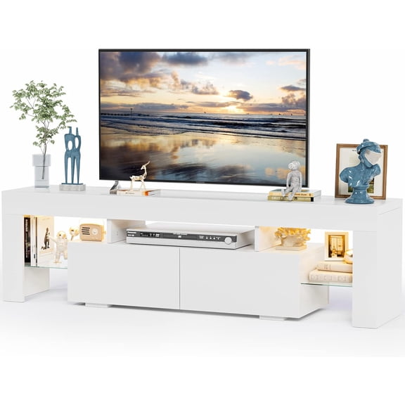 YX TV Stand with LED Lights, Modern Entertainment Center Media and Open Shelf Console Table Storage Desk with 1 Drawer and Remote Control 20 Color LED Lights up to 70 Inch TV (White)