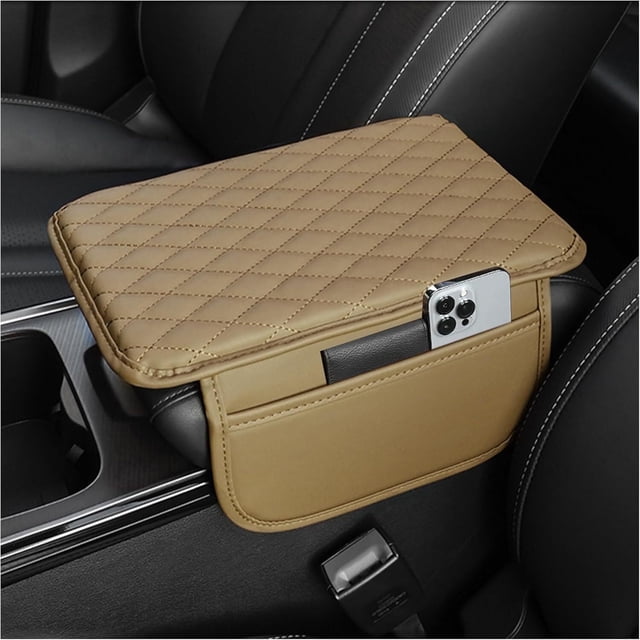 Gilysido Universal Car Center Console Armrest Cover for Vehicle, Beige PU Leather Pad Protector With 2 Storage Bag