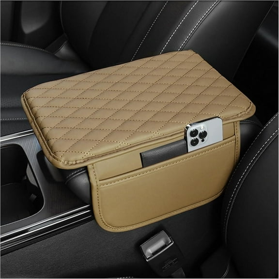 GrowAlong  Universal Car Center Console Armrest Cover for Vehicle, Beige PU Leather Pad Protector With 2 Storage Bag