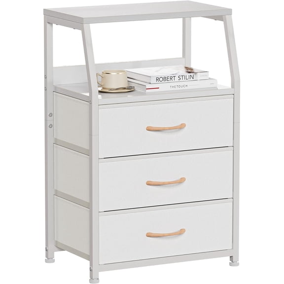 YX White Nightstand with 3 Drawers and 2-Tier Shelf, Small Night Stand End Table Side Furniture, Fabric Storage Organizer for Bedroom, Closet, Hallway, Nursery, Sturdy Steel Frame, Wood Top