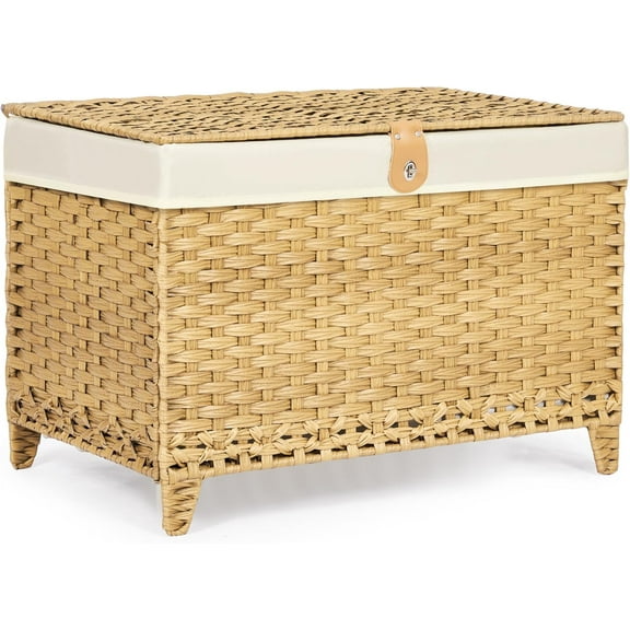 YX Wicker Storage Basket with Lid,Rattan Shelf Basket with Removable Liner Bag,160L Storage Bin,Storage Trunk with Heightened Feet,Storage Container for Wardrobe,Home Organizer