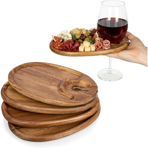 YX Wine Appetizer Plates, Set of 4 Wooden Cocktail Plates with Glass Holder, Mini Charcuterie Boards for Wine and Cheese Parties, Acacia Cheese Board Serving Trays (Oval - Acacia Wood)