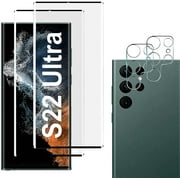 YXKJ Screen Protector with Camera Lens Protector Compatible with Galaxy S22 Ultra, HD Tempered Glass Film Support Fingerprint Unlock, 3D Curved, Anti Scratch, Bubble Free