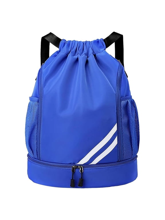 Drawstring Backpack Gym Bag with Shoes Compartment for Soccer, Basketball, Swim, Large Capacity Sports Bag Water-Resistant Draw String Back Bag for Women Men, Blue