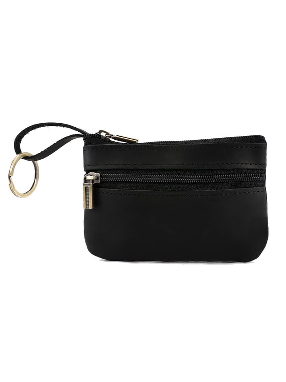 Leather Coin Purse, Coin Pouch with Zipper Small Change Purse Card Holder Keychain Pouch Wallet for Women and Men, Black