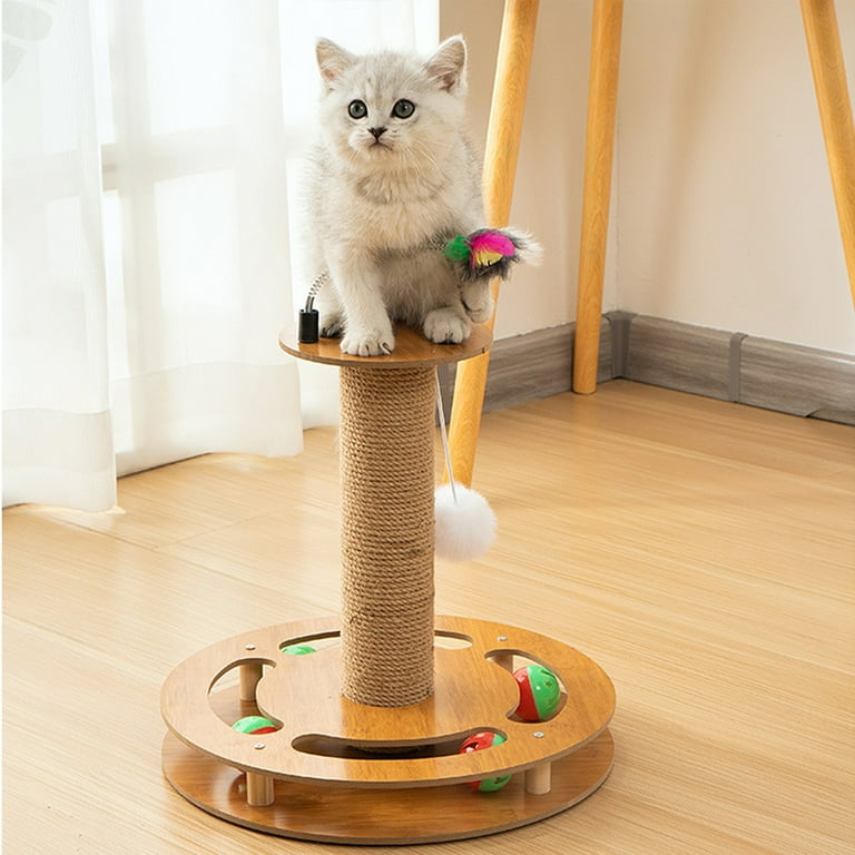 MGNAOOI Cat Scratching Post Cat Scratcher Kitten Toys for Indoor Cats Wooden Ball Track Two Layer Modern Sisal 12.2 inch Tall Scratch Post Interactive Toy