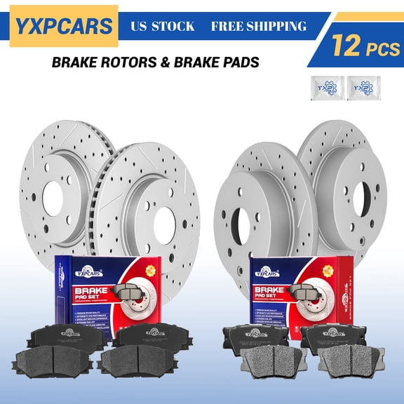 YXPCARS Front Rear Brake Pads and Rotors Kits for Toyota RAV4 2006-2018 Lexus HS250h 2010-2012, Drilled & Slotted Brake Rotors + Ceramic Brake Pads (31440, 31443, D1210, D1212)