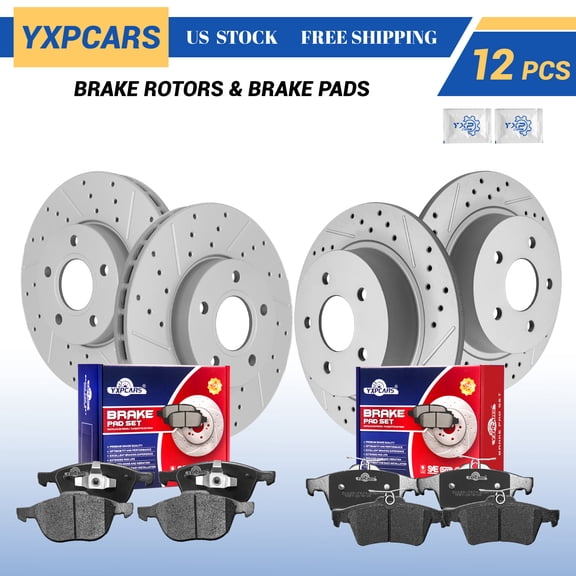YXPCARS Front Rear Brake Pads and Rotors Kits for Ford C-Max, Drilled & Slotted Brake Rotors + Ceramic Brake Pads (54181, 680999, D1044, D1095)