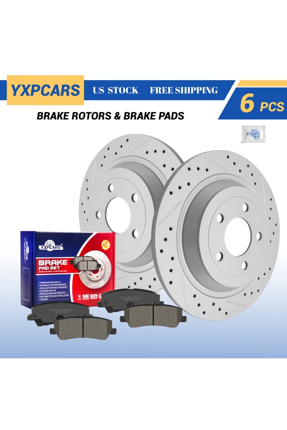 Rear Brake Pads and Rotors Kits for 2015-2020 Ford Mustang, Drilled & Slotted Brake Rotors + Ceramic Brake Pads (681938, D1793)