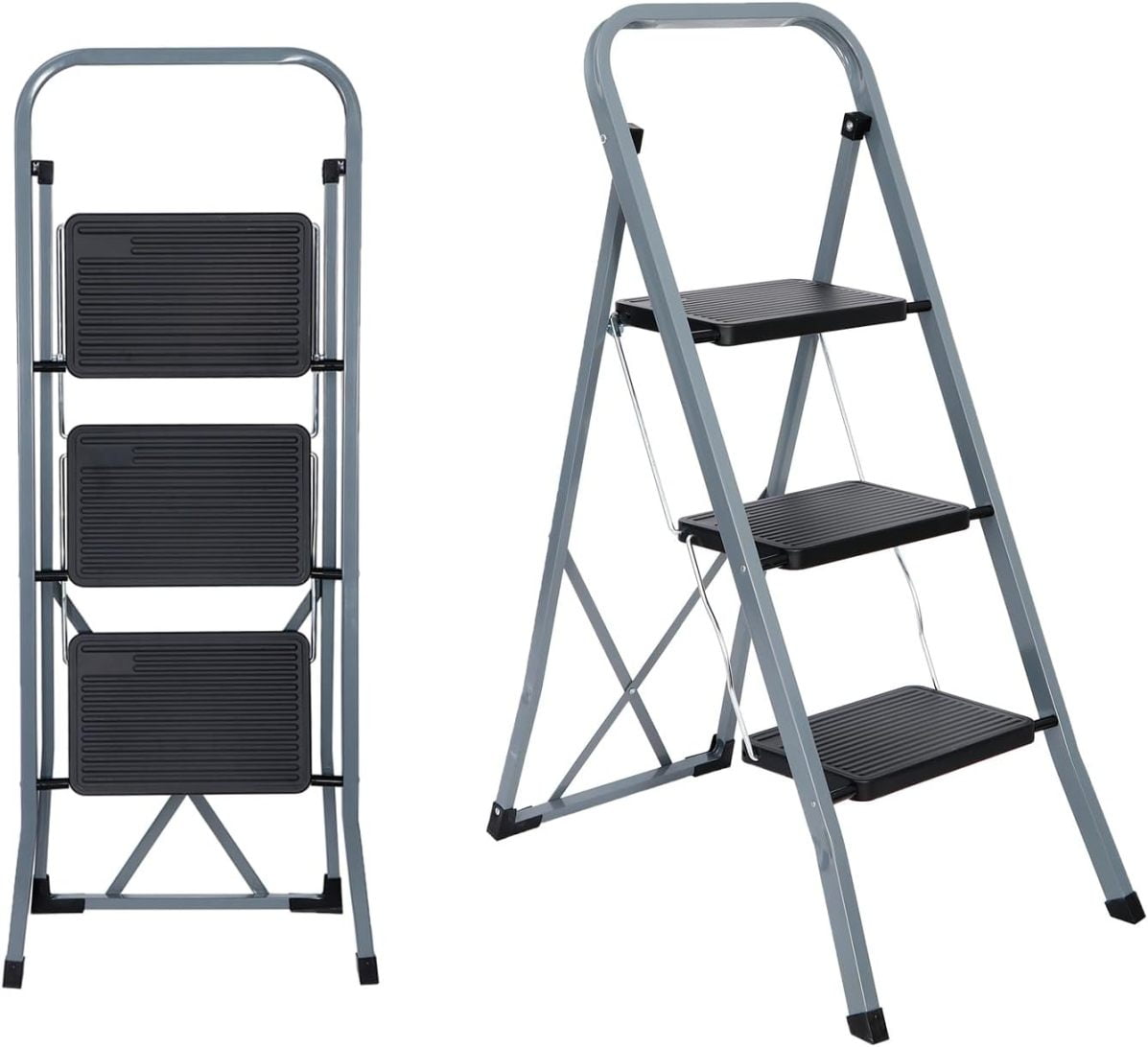 YXPP 3 Step Folding Ladders with Wide Anti-Slip Platform, Lightweight ...