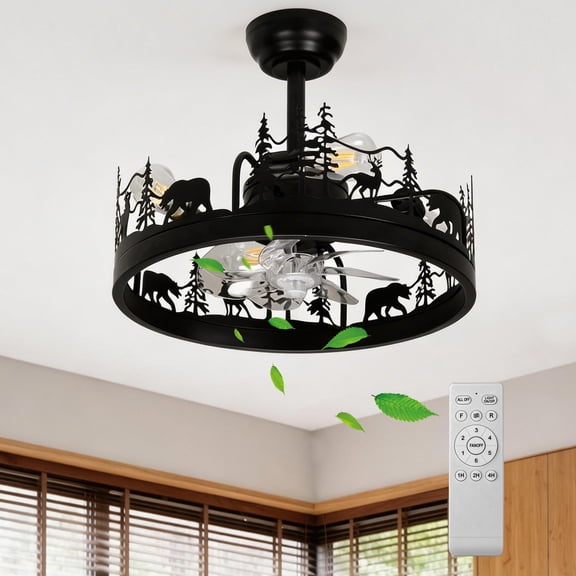 YXSC 20 Inch Farmhouse Ceiling Fan with Light, Rustic Black Chandelier Fan with Forest Deer Animal Silhouette, 6-Speed DC Reversible Motor, Remote Control, Quiet Fandelier for Bedroom Living Room, Ki