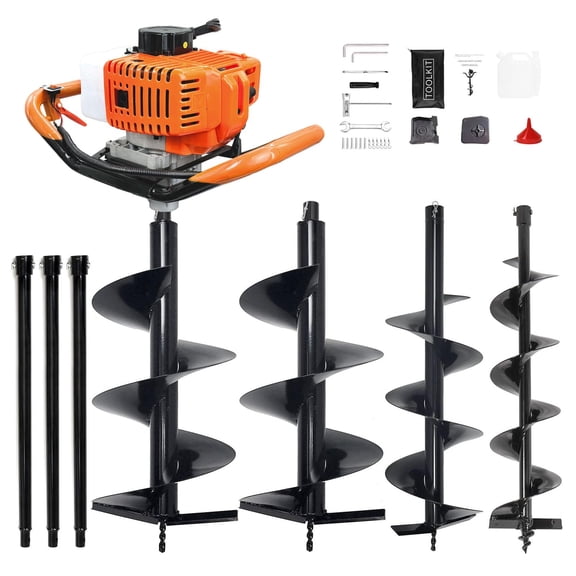 YXSC 62cc Gas Powered Post Hole Digger, Earth Auger for Fence Posts, Trees & Shrubs, 1.9HP 2-Stroke Engine with 3 Drill Bits (3" 5" 8") and Three 24" Extension Rods