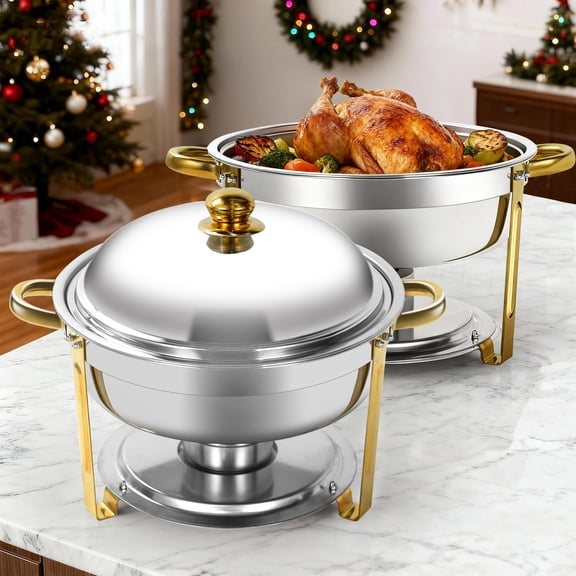 YXSC Gold Chafing Dishes for Buffet 2 Pack, 6QT Stainless Steel Chafing Dish Buffet Sets, Round Chafing Dishes with Lid, Mirror-Polished for Catering Events Wedding
