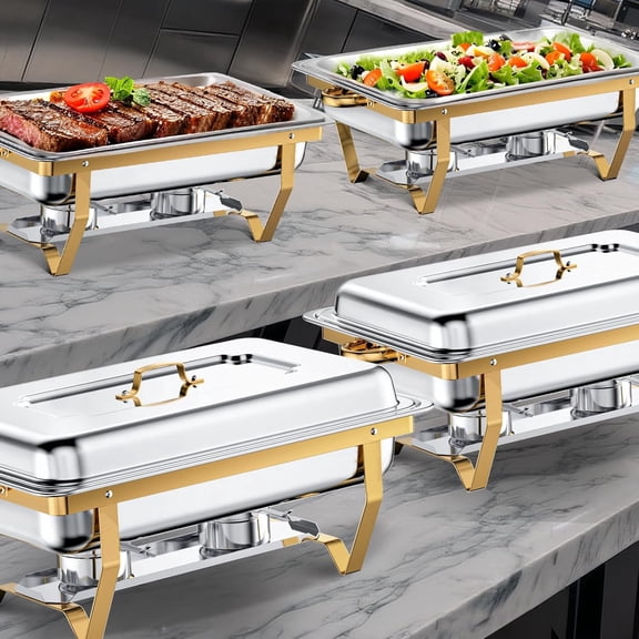 YXSC Gold Chafing Dishes for Buffet Set, 4 Pack 8QT Stainless Steel Catering Chafer, Serving Food Warmer with Lids, Full Size Food Pans & Fuel Holders