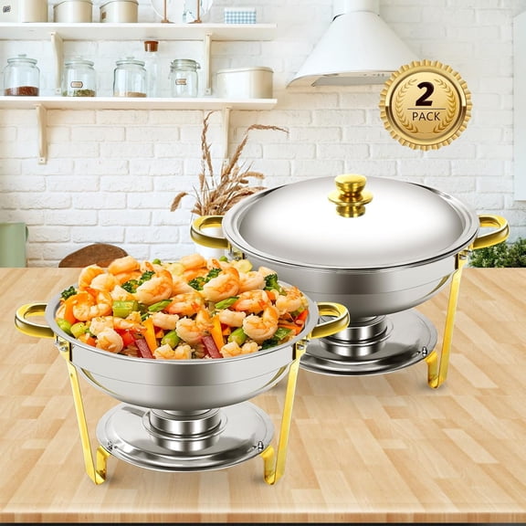 YXSC Round Chafing Dishes Buffet Set 2 Pack, 5QT Gold Stainless Steel Catering Chafer, Serving Food Warmer with Lids for Catering and Events