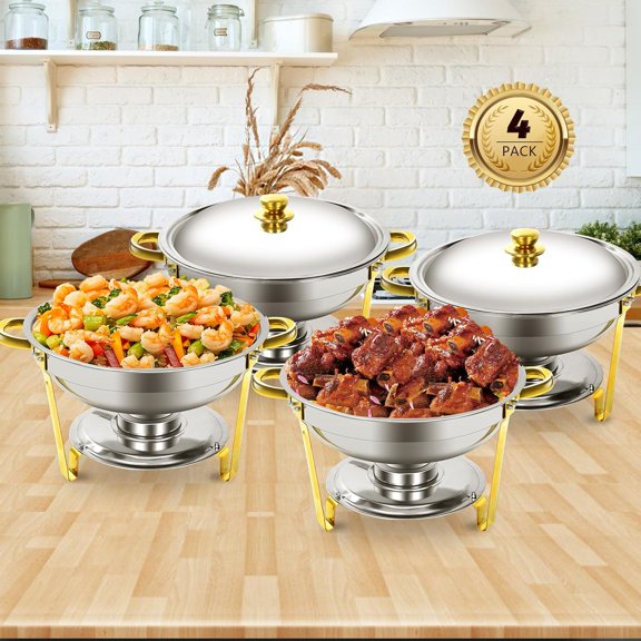 YXSC Round Chafing Dishes Buffet Set 2 Pack, 5QT Gold Stainless Steel Catering Chafer, Serving Food Warmer with Lids for Catering and Events