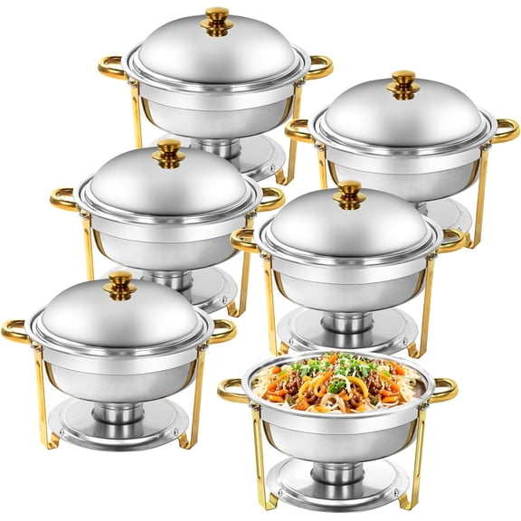 YXSC Round Chafing Dishes Buffet Set 6 Pack, 6QT Gold Stainless Steel Catering Chafer, Food Warmer with Lids for Catering and Events