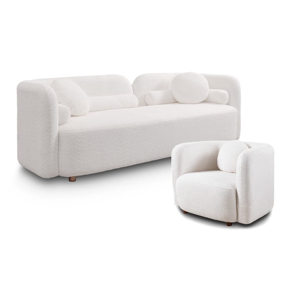 YXhome White Boucle Sofa Couch - Modern Japandi Living Room Furniture, 3-Seat Comfy Couch with Eucalyptus Wood Frame