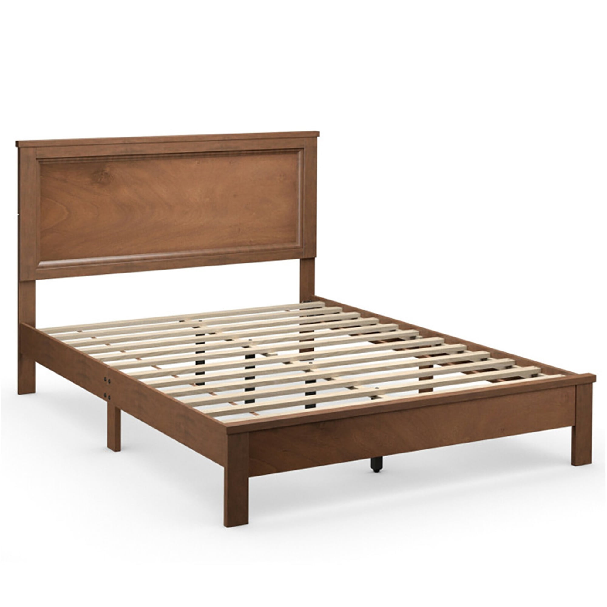 YYAO Queen Size Bed Frame Platform Slat High Headboard Bedroom with Rubber Wood Leg-Walnut