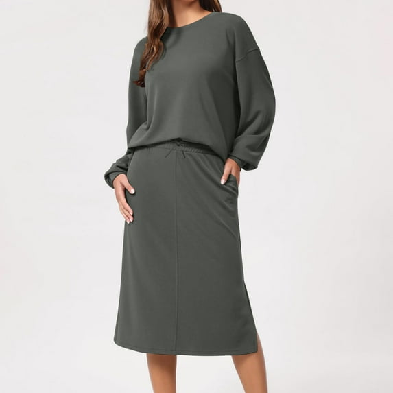YYAPAYZB Womens 2 Piece Outfits Fall Sweatshirt Set Long Sleeve Pullover Top Midi Skirt Sets with Pockets Matching Loungewear