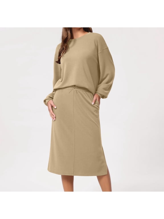 Womens 2 Piece Outfits Fall Sweatshirt Set Long Sleeve Pullover Top Midi Skirt Sets with Pockets Matching Loungewear