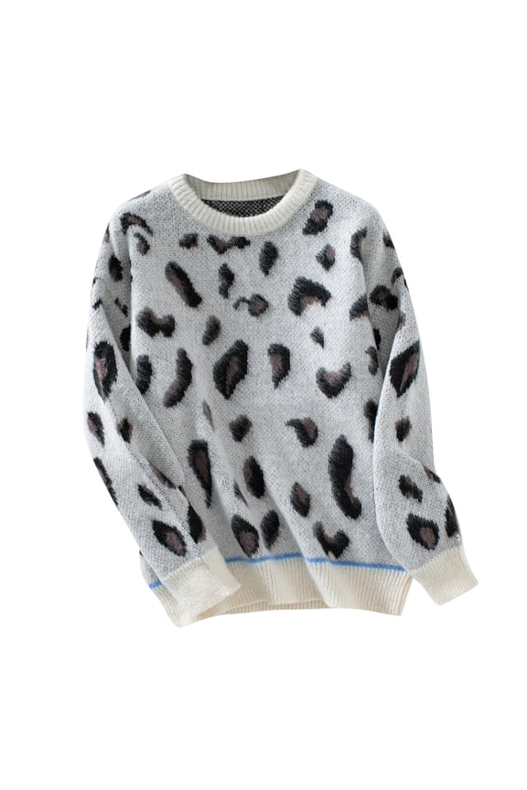 Womens Casual Sweater Fall Winter Leopard Print Tops Comfortable Cable Knit Pullover Sweaters