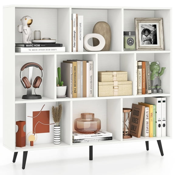 YYAo 10-Cube Storage Organizer Bookcase with 5 Tapered Metal Legs, Display Rack Shelves for Living Room, Bedroom, Office Room, Study Room, White & Black