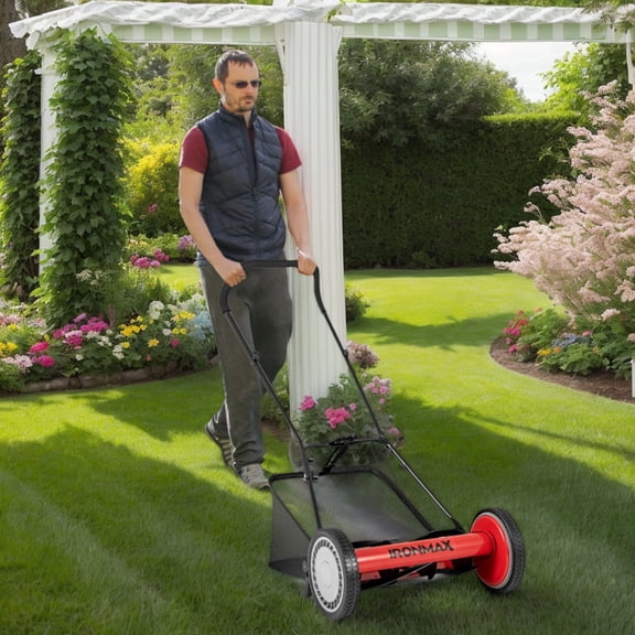 YYAo 16 Inch Push Lawn Mower with 5 Steel Blades and Grass Catcher Bag-Red