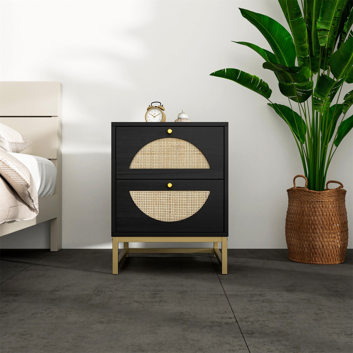 YYAo 1Pcs Nightstand, Bedside Table with 2 Natural Rattan Drawer & Metal Legs, Nightstand Side Table for Bedroom, Black YYAo 1Pcs Nightstand, Bedside Table with 2 Natural Rattan Drawer & Metal Legs, Nightstand Side Table for Bedroom, Black