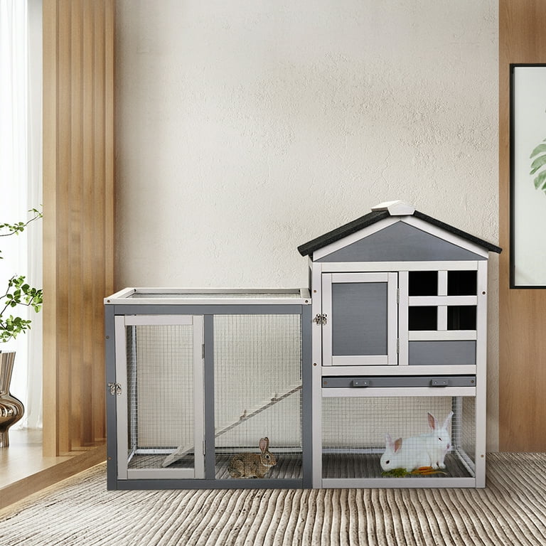 YYAo 2 Tier Wooden Rabbit Cage Chicken Coop Small Animal Pet House Flip Top Rabbit Cage Gray