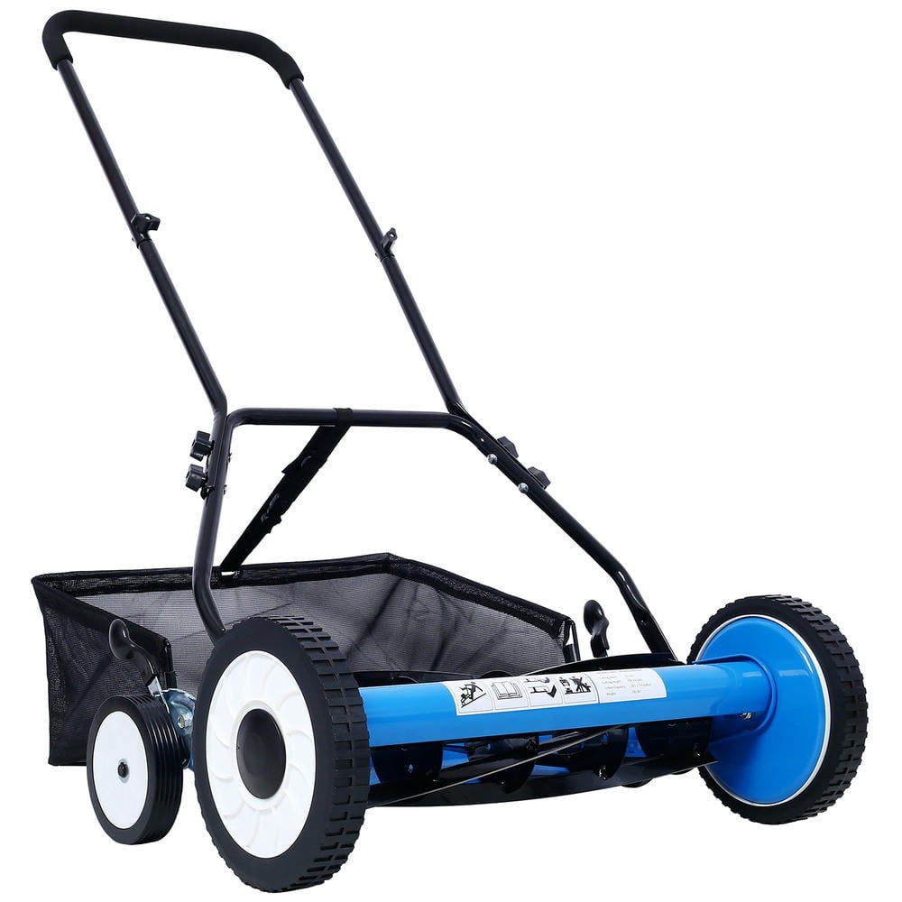 YYAo 20-Inch 5-Blade Push Reel Lawn Mower with Grass Catcher, 4 WHEELS BLUE COLOR