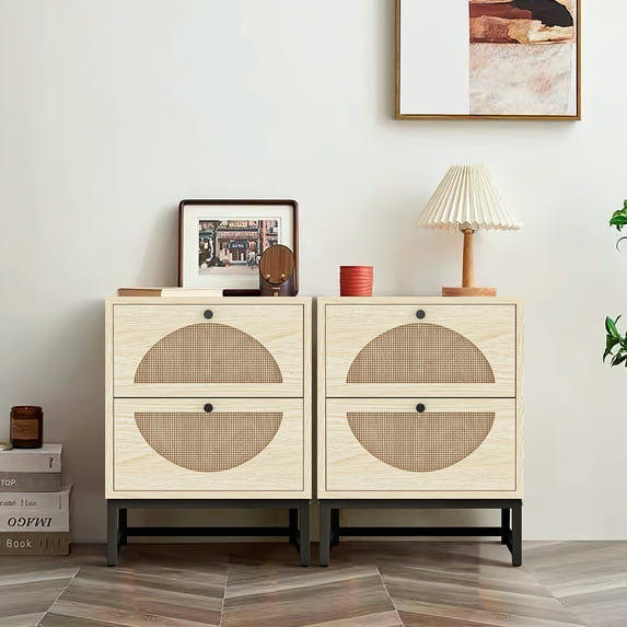 YYAo 2Pcs Nightstand, Bedside Table with 2 Natural Rattan Drawer & Metal Legs, Nightstand Side Table for Bedroom, Natural