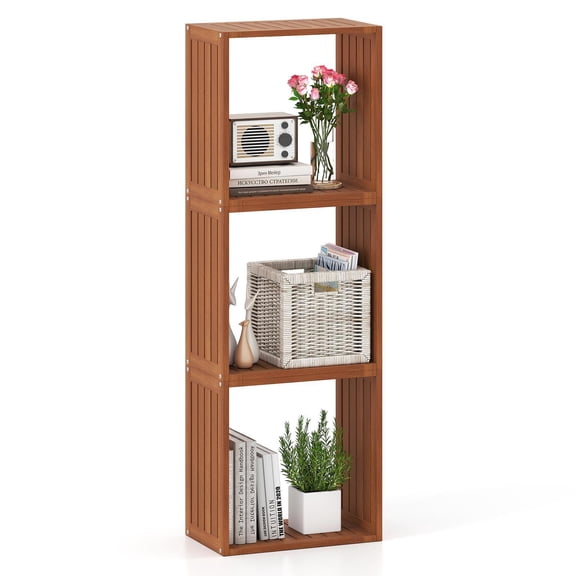 YYAo 3 Cube Solid Wood Stacking Storage Organizer Bookcase with Open Slatted Design, Display Rack Shelves for Living Room, Bedroom, Office Room, Study Room, Teak