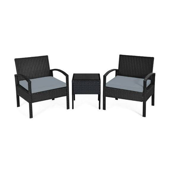 YYAo 3-Piece Outdoor Patio Furniture Wicker Bistro Set, All-Weather Rattan Conversation Chairs for Backyard, Balcony and Deck with Soft Cushions, Side Table, Gray