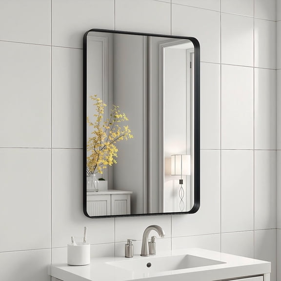 YYAo 36*24" Rectangle Rounded Corner Wall Mirror with Black Metal Frame, Vanity Makeup Mirror for Bathroom, Living Room, Dormitory, Black