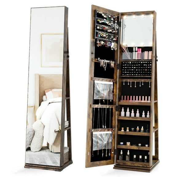 YYAo 360° Swivel Jewelry Amoire Cabinet with Full Length Mirror, Jewelry Chest Jewelry Boxes for Bedroom, Living Room, Closet, Rustic Brown