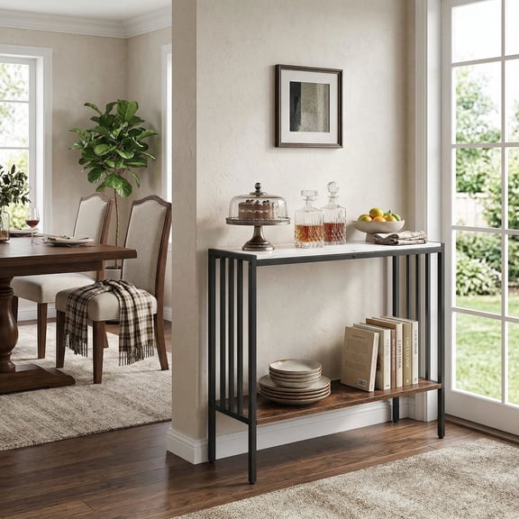 YYAo 36Inch Console Table with Sintered Stone Tabletop, 2-Tier Industrial Foyer Entryway Table for Living Room, Bedroom, White