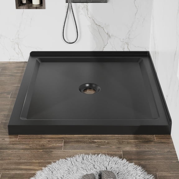 YYAo 36x36 Inch Acrylic Shower Base Anti Slip Center Drain Double Threshold Shower Pan, Black