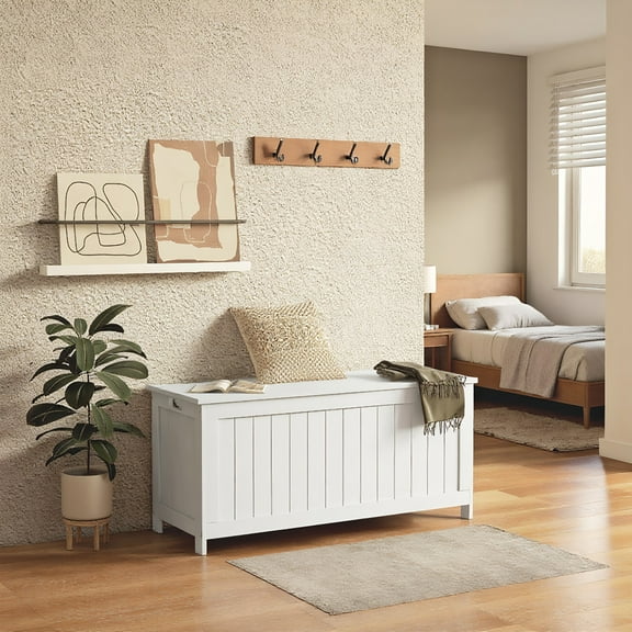 YYAo 39.4" Storage Trunk w/ 2 Safety Hinges, Wooden Storage Bench w/ Side Handles, Storage Chest for Playroom, White