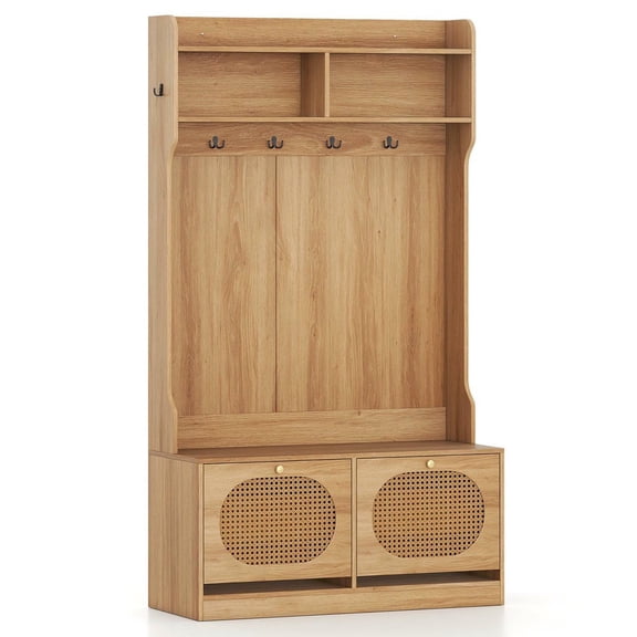 YYAo 4-In-1 Coat Rack Storage Organizer with Coat Rack and Flip Drawers, Hall Coat Tree for Entryway Mudroom, Bedroom, Living Room, Natural