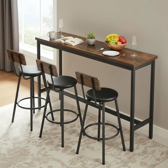 YYAo 4-Piece Bar Table Set with Industrial Design & 3 PU Upholstered Stools for Kitchen, Cafe, Small Space, Rustic Brown